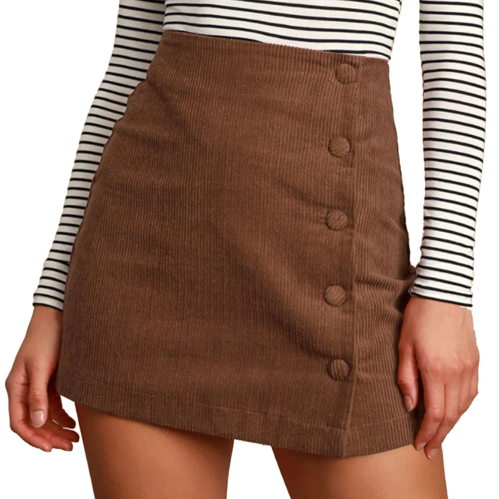 Women Hip Wrap Skirt High Waist Buttons Trim Side Zipper Closure Short Skirt for Daily Wear Brown S