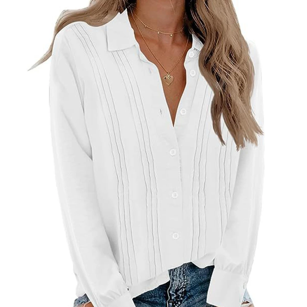 Women Pleated Long Sleeve Blouse Turn Down Collar Pleated Casual Top Soft Breathable Button Up Pure Color Stylish Blouse White M