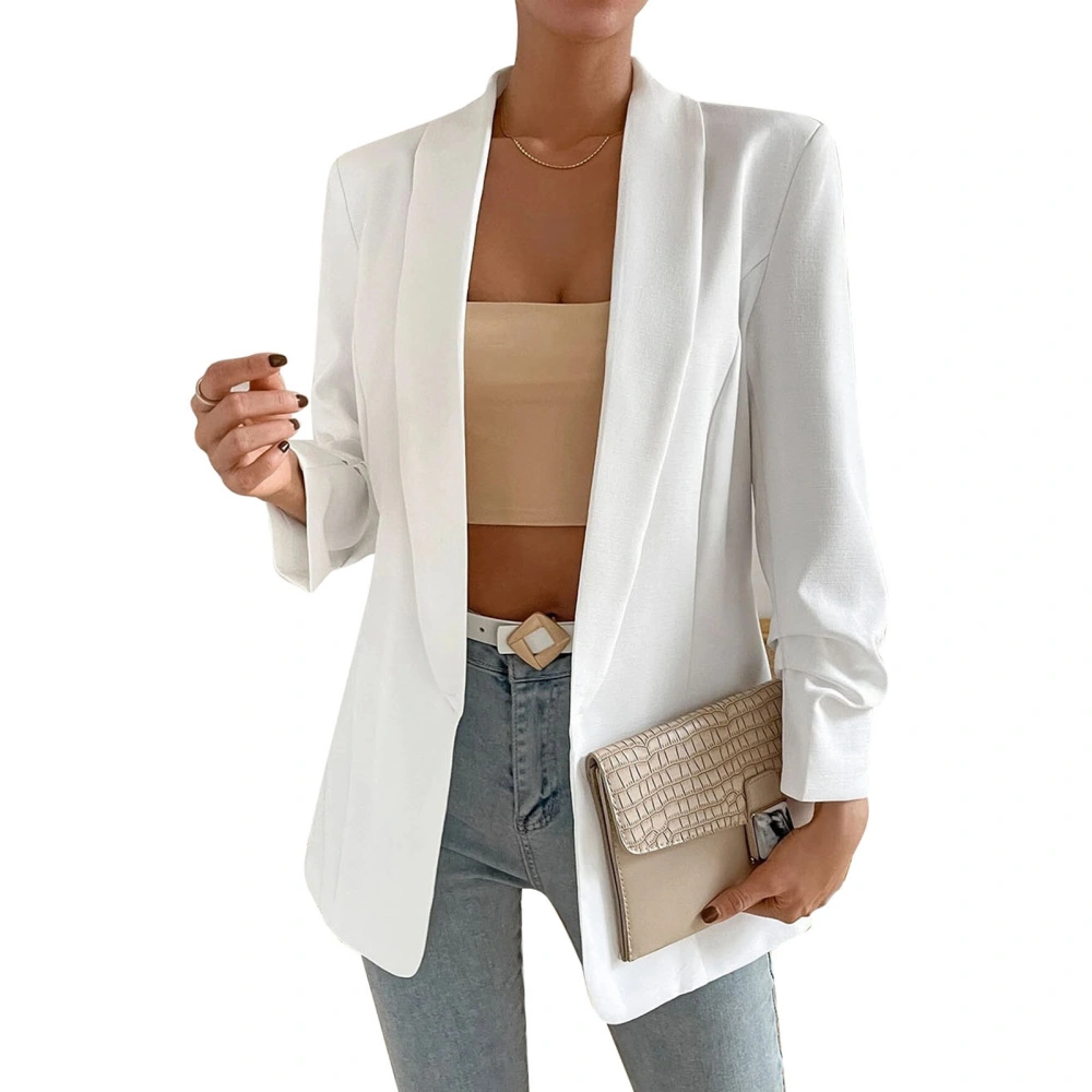 Women Suit Unbuttoned Jacket Plain Color Turn Down Collar Slim Fitted Women Long Sleeve Suit Jacket White L