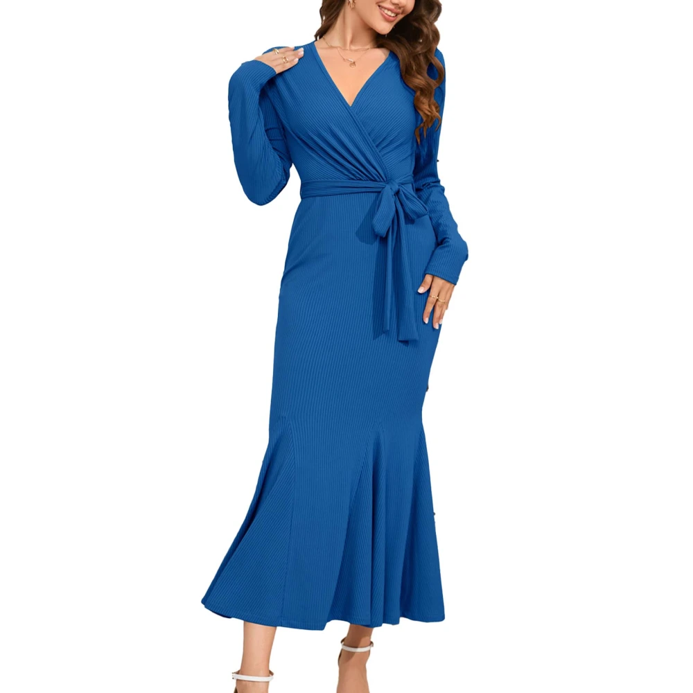 Women Waist Slimming Fishtail Dress Slim Tie Waist Pure Color Casual Knit V Neck Long Sleeve Bodycon Fishtail Long Dress Blue M