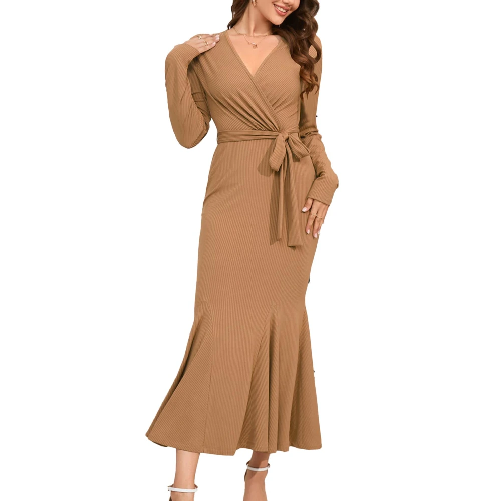 Women Waist Slimming Fishtail Dress Slim Tie Waist Pure Color Casual Knit V Neck Long Sleeve Bodycon Fishtail Long Dress Khaki XL