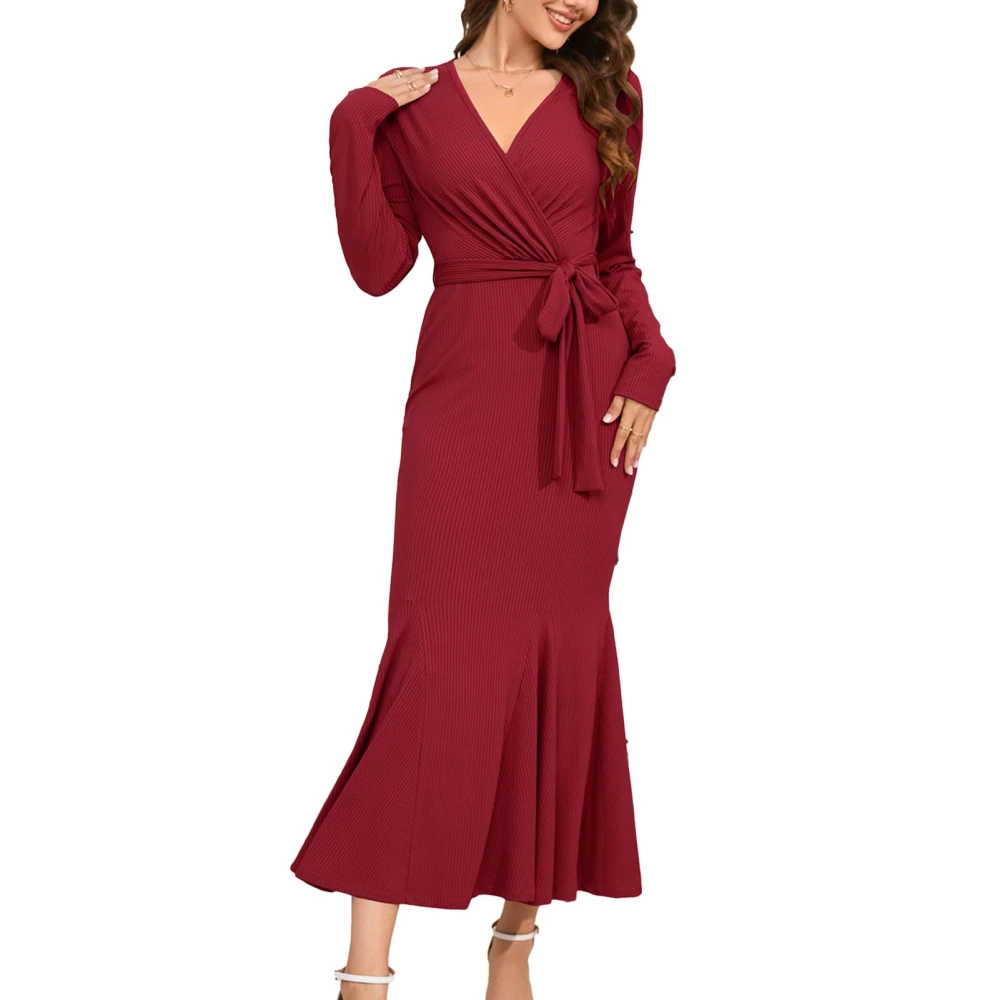 Women Waist Slimming Fishtail Dress Slim Tie Waist Pure Color Casual Knit V Neck Long Sleeve Bodycon Fishtail Long Dress Red XXL