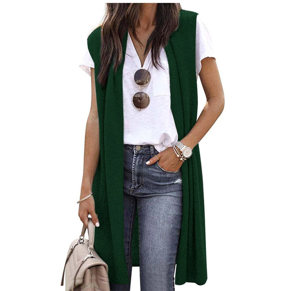 Women Sleeveless Jacket Medium Length Pure Color Open Front Waistcoat for Spring Autumn Green S