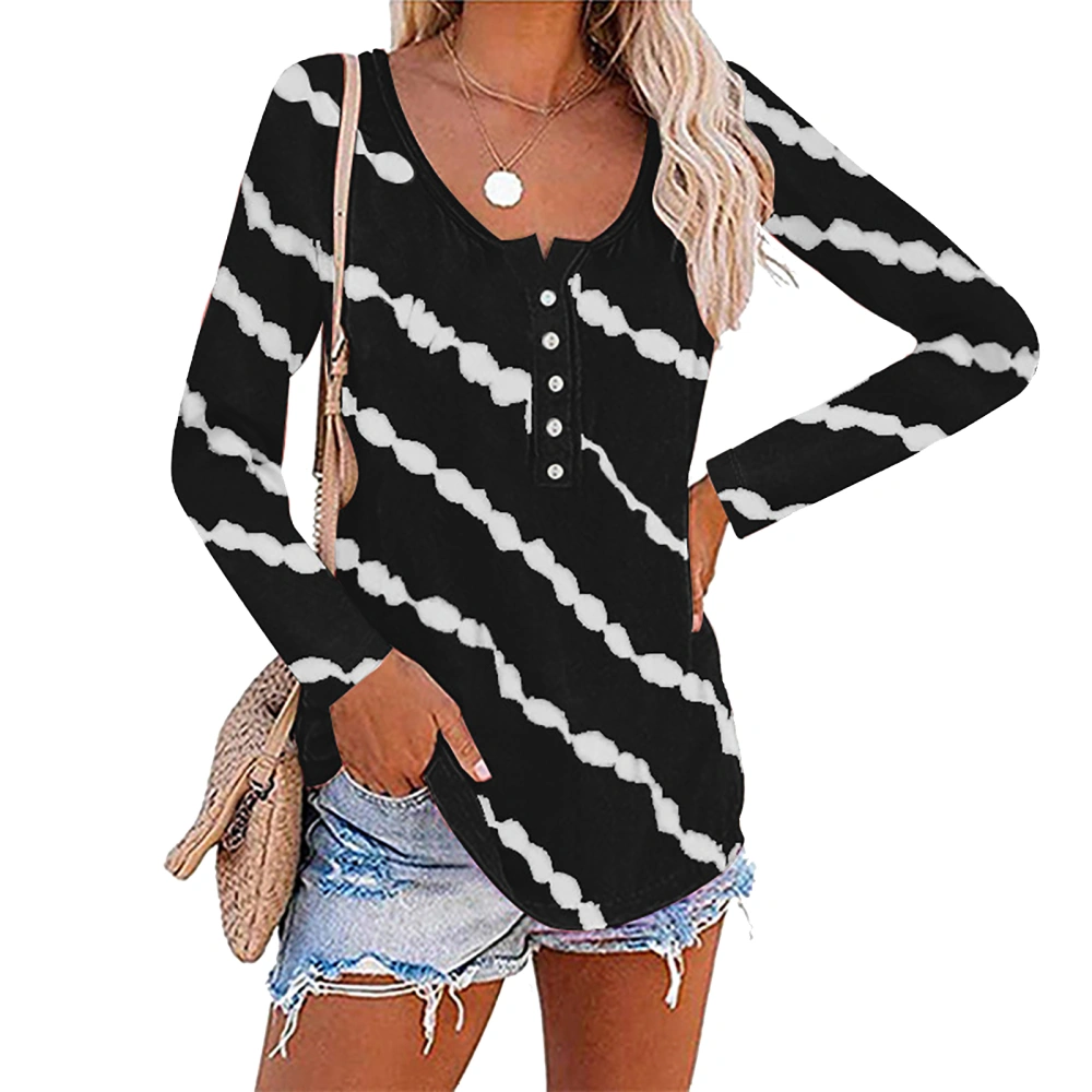 Women Irregular Striped Blouse Color Block Striped Blouse Round Neck Button Long Sleeve Soft Breathable Top Black L