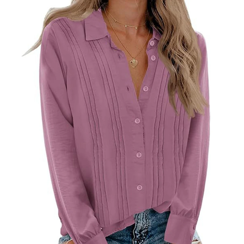 Women Pleated Long Sleeve Blouse Turn Down Collar Pleated Casual Top Soft Breathable Button Up Pure Color Stylish Blouse Aubergine L