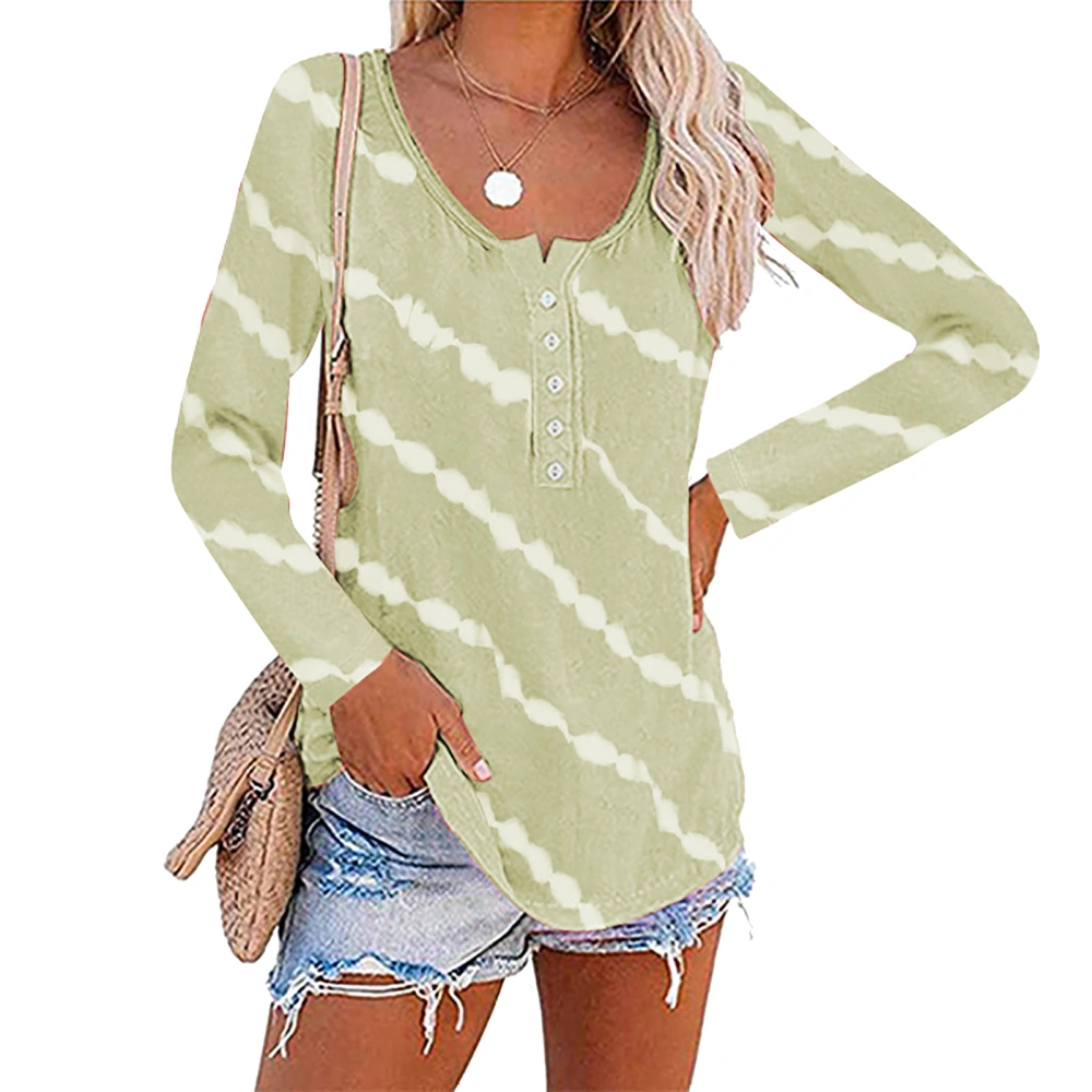 Women Irregular Striped Blouse Color Block Striped Blouse Round Neck Button Long Sleeve Soft Breathable Top Green XL