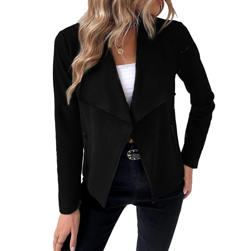 Women Casual Buttonless Coat Turn Down Collar Zipper Pockets Jacket Long Sleeve Fashionable Coat for Working Commuting Black S