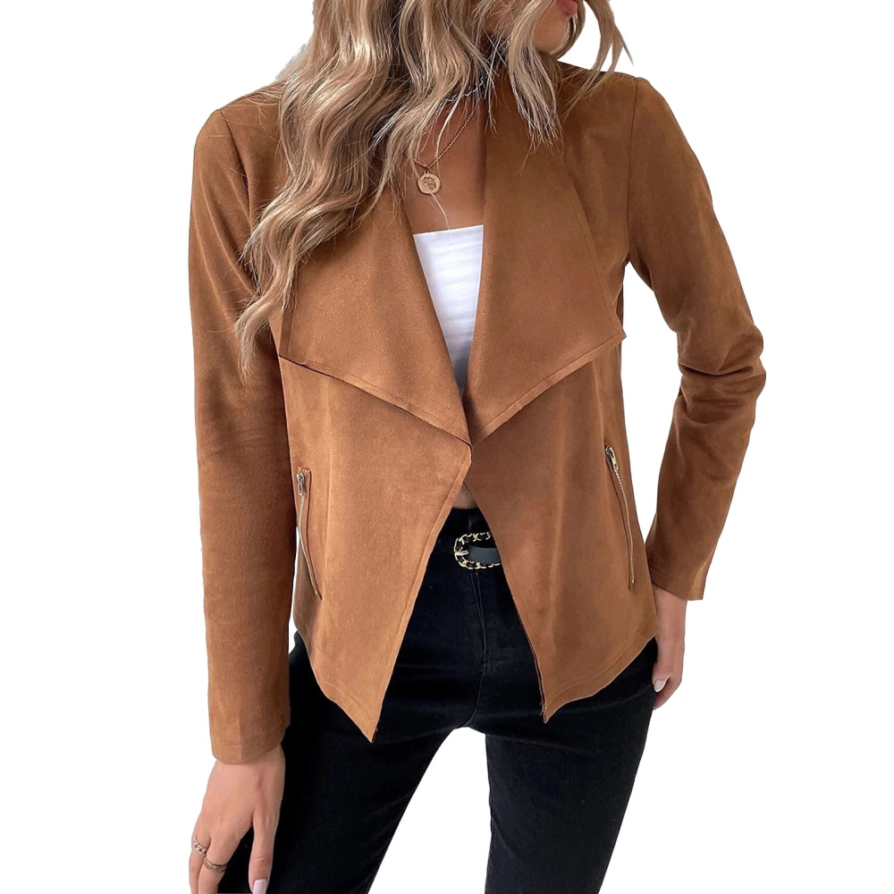 Women Casual Buttonless Coat Turn Down Collar Zipper Pockets Jacket Long Sleeve Fashionable Coat for Working Commuting Brown XL