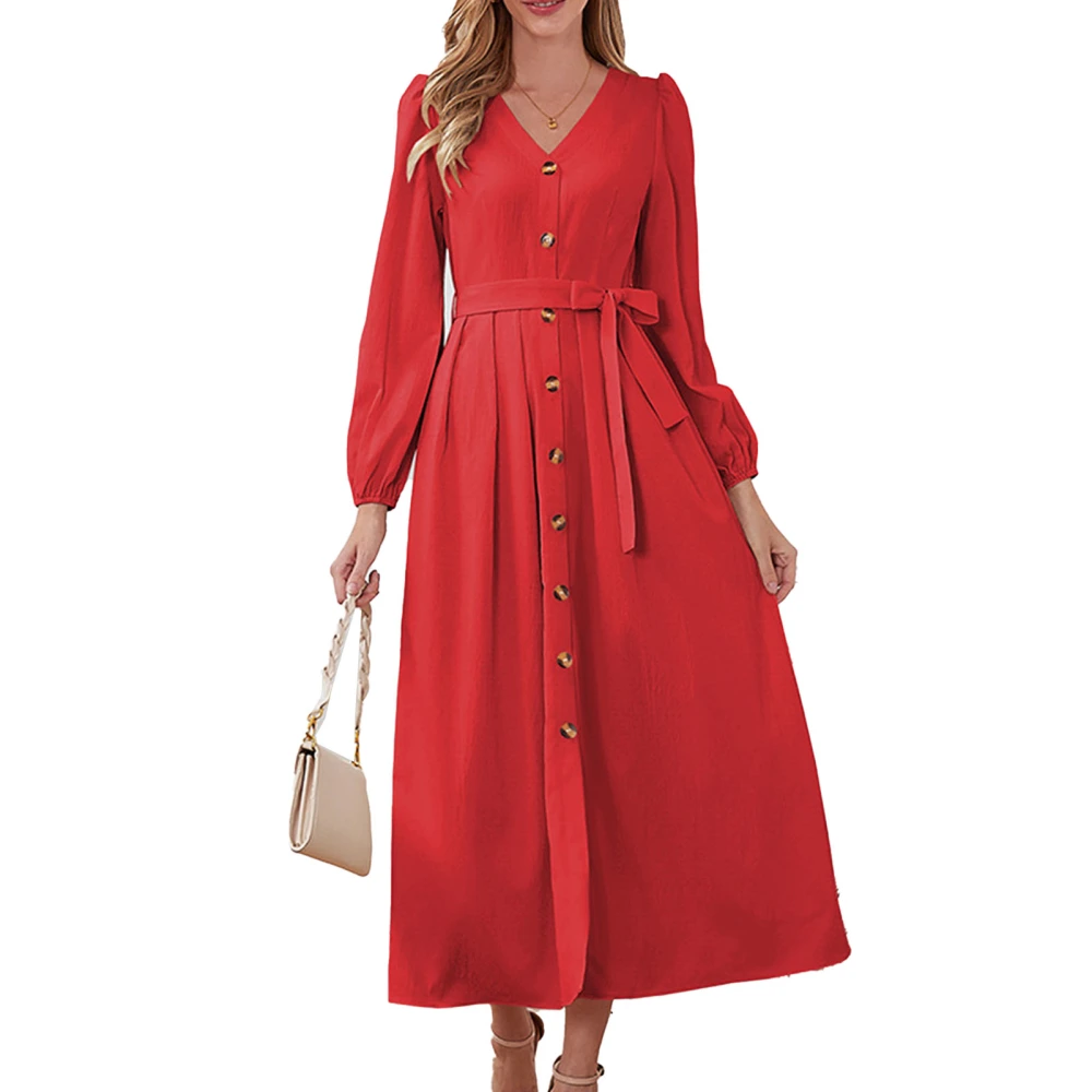 Long Sleeve Dress V Neck Waist Slimming Elegant Bow Single Breasted Pure Color Fashionable Dress for Party Vacation Red L