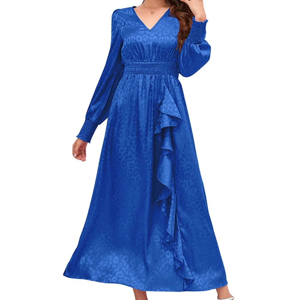 Women Maxi Dress V Neck Long Sleeve Ruffled Fashionable Backless Casual Dress for Party Vacation Blue XL