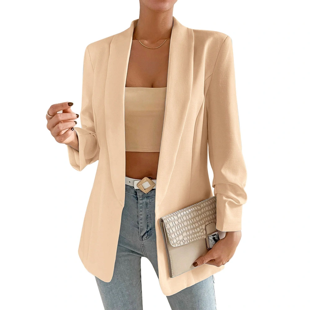 Women Suit Unbuttoned Jacket Plain Color Turn Down Collar Slim Fitted Women Long Sleeve Suit Jacket Khaki M