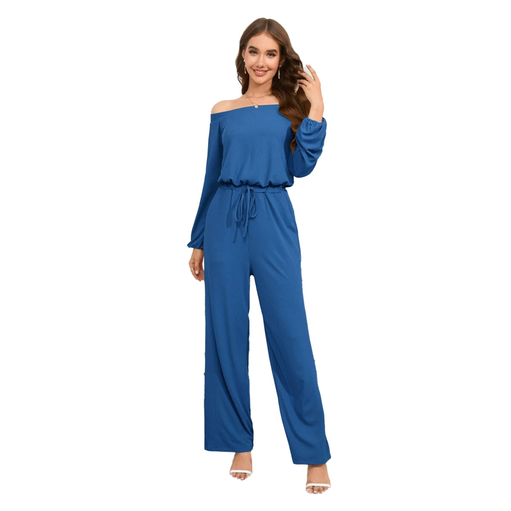 Women Off Shoulder Jumpsuit Wide Legs Elastic Waist Loose Fitting Summer One Piece Outfits Pants Blue S