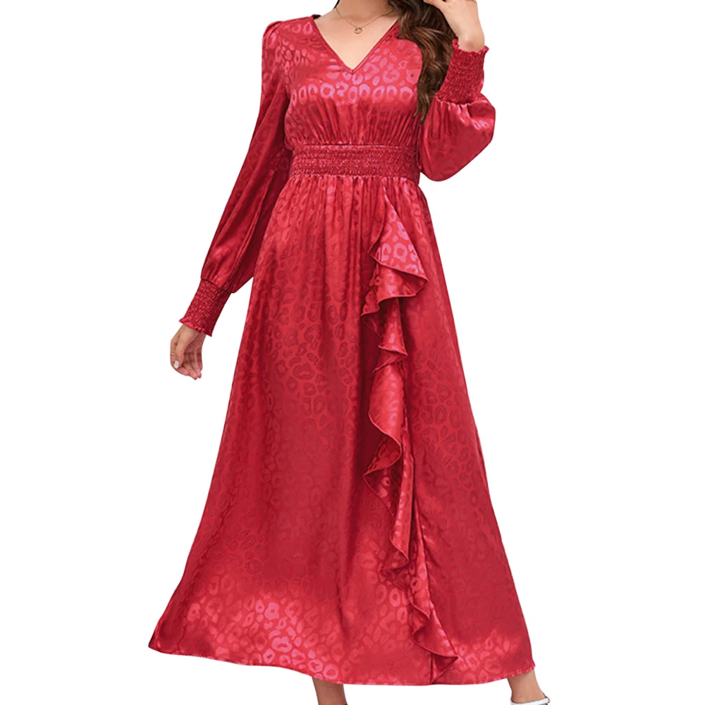 Women Maxi Dress V Neck Long Sleeve Ruffled Fashionable Backless Casual Dress for Party Vacation Red XL