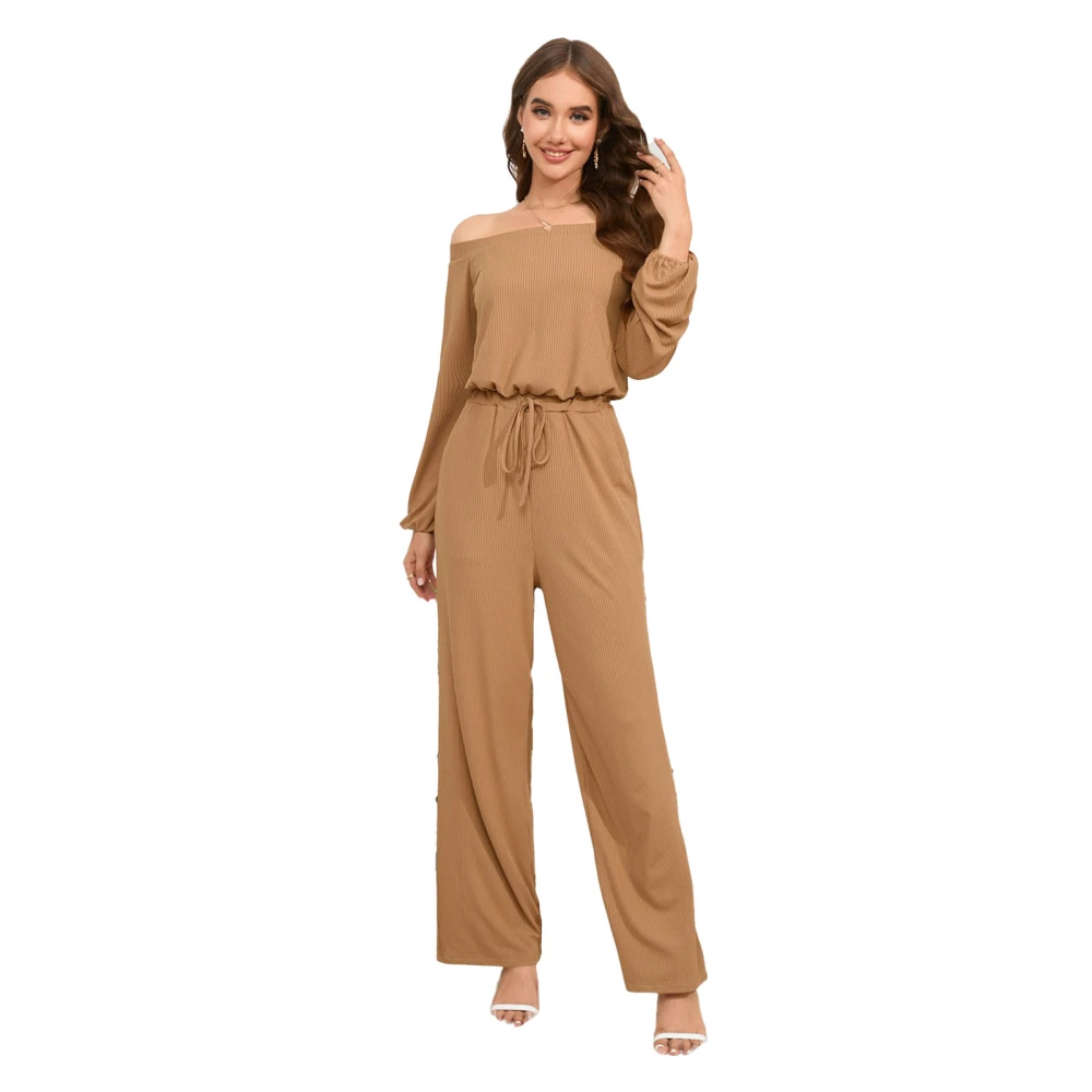 Women Off Shoulder Jumpsuit Wide Legs Elastic Waist Loose Fitting Summer One Piece Outfits Pants khaki S