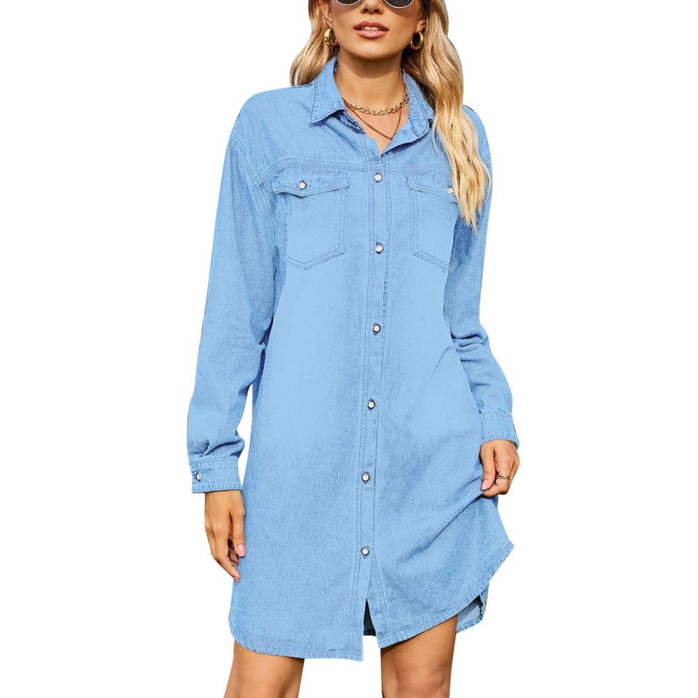 Women Shirt Dress Single Breasted Turn Down Collar Long Sleeves Pure Color Short Dress Light Blue XL