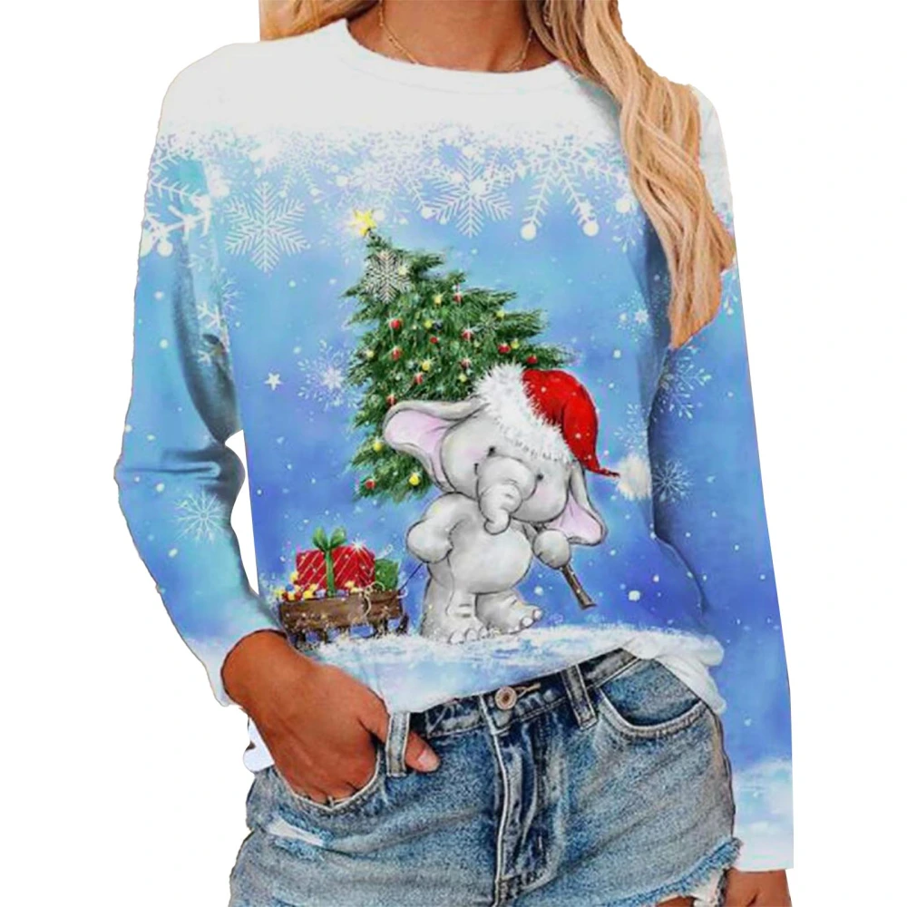 Long Sleeve Shirt Soft Christmas Elements Round Neck Comfortable Breathable Stylish Long Sleeve Shirt Top For Women Blue XXL