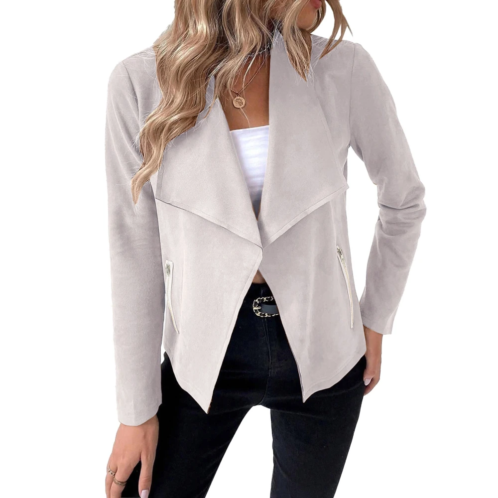 Women Casual Buttonless Coat Turn Down Collar Zipper Pockets Jacket Long Sleeve Fashionable Coat for Working Commuting Apricot M