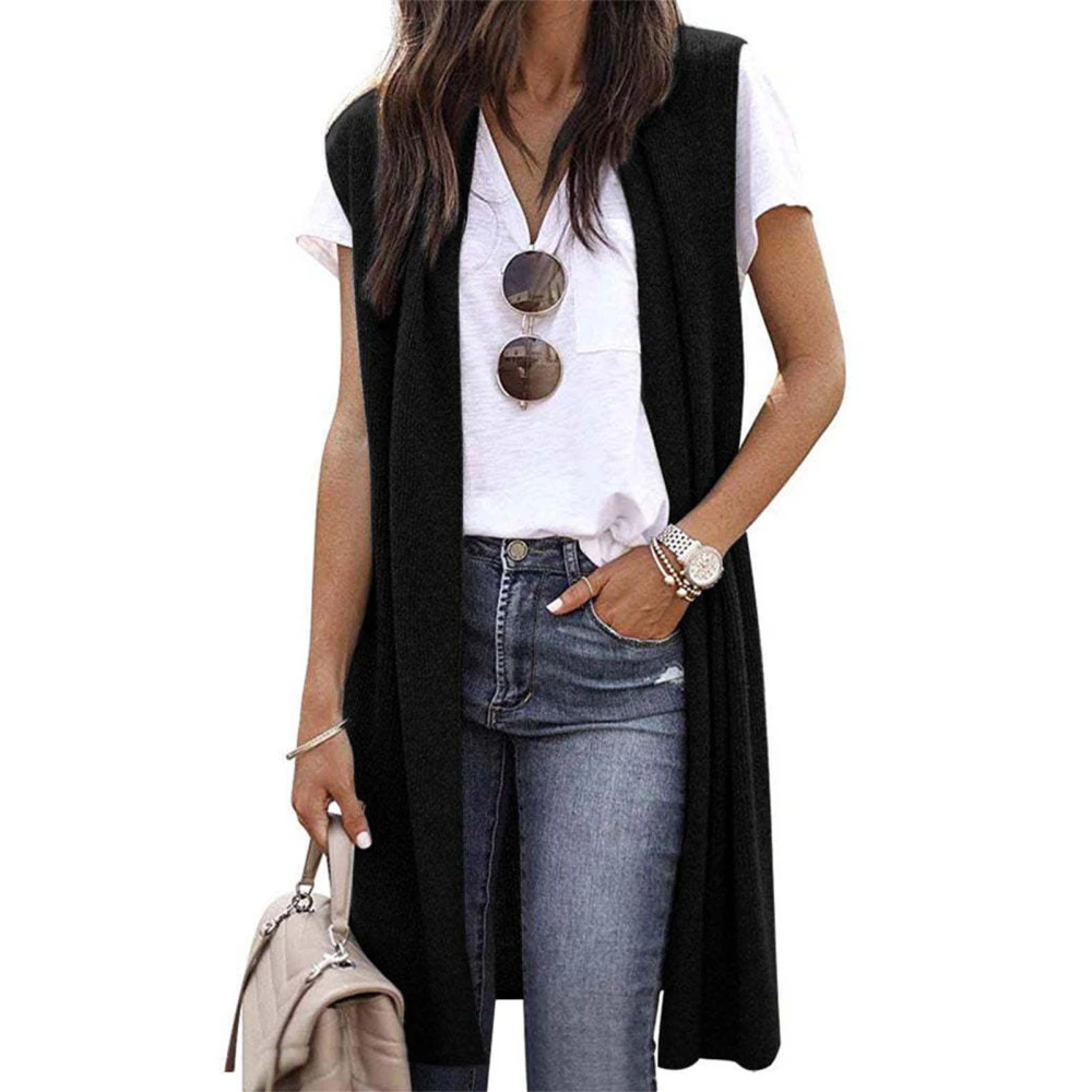 Women Sleeveless Jacket Medium Length Pure Color Open Front Waistcoat for Spring Autumn Black S