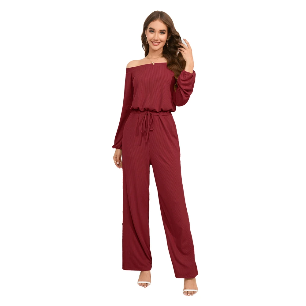 Women Off Shoulder Jumpsuit Wide Legs Elastic Waist Loose Fitting Summer One Piece Outfits Pants Red XL