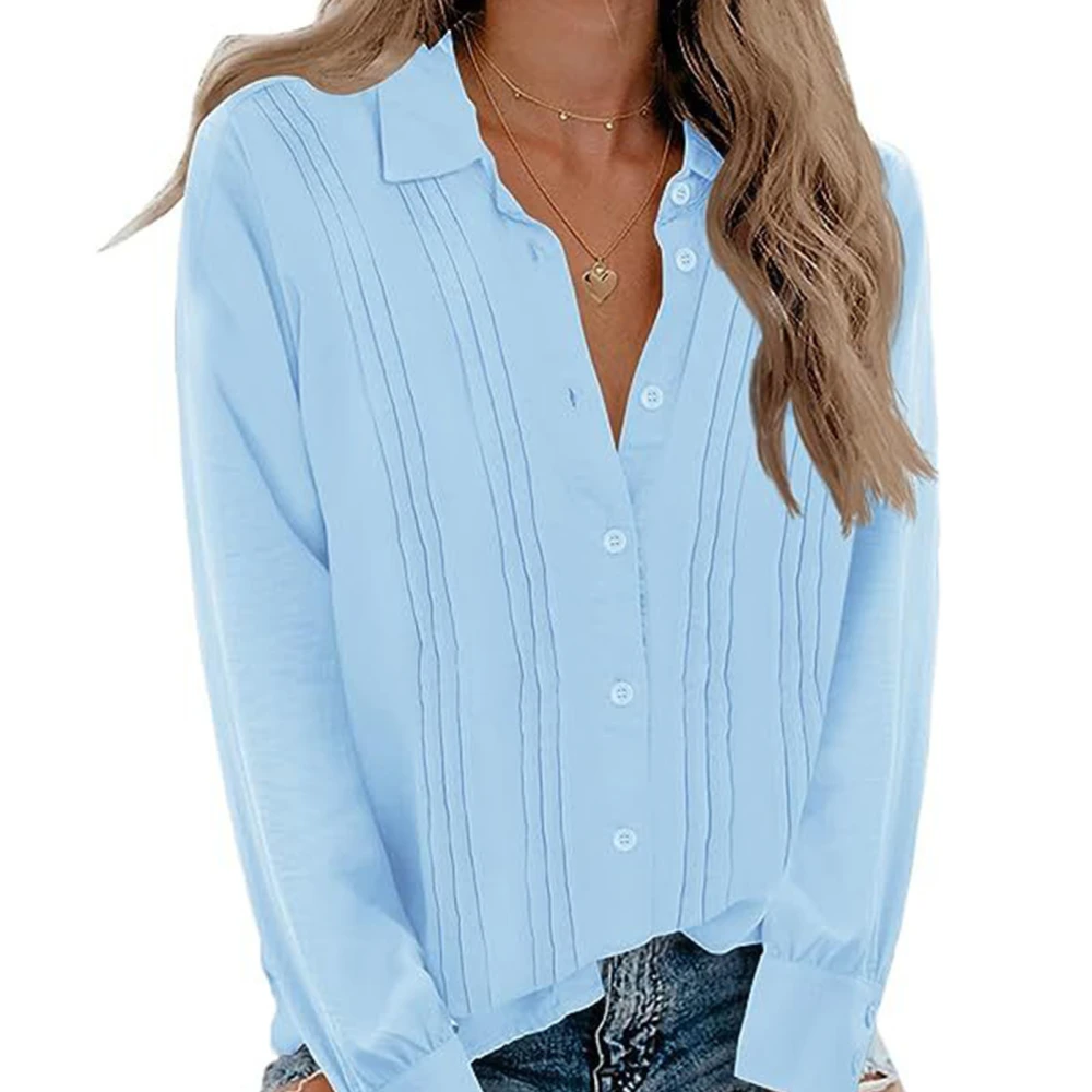 Women Pleated Long Sleeve Blouse Turn Down Collar Pleated Casual Top Soft Breathable Button Up Pure Color Stylish Blouse Light Blue M