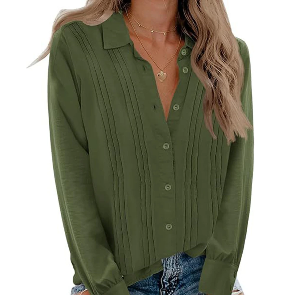 Women Pleated Long Sleeve Blouse Turn Down Collar Pleated Casual Top Soft Breathable Button Up Pure Color Stylish Blouse OD Green L