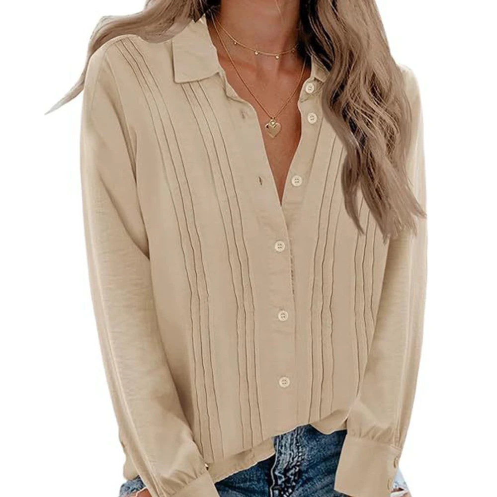 Women Pleated Long Sleeve Blouse Turn Down Collar Pleated Casual Top Soft Breathable Button Up Pure Color Stylish Blouse Khaki M