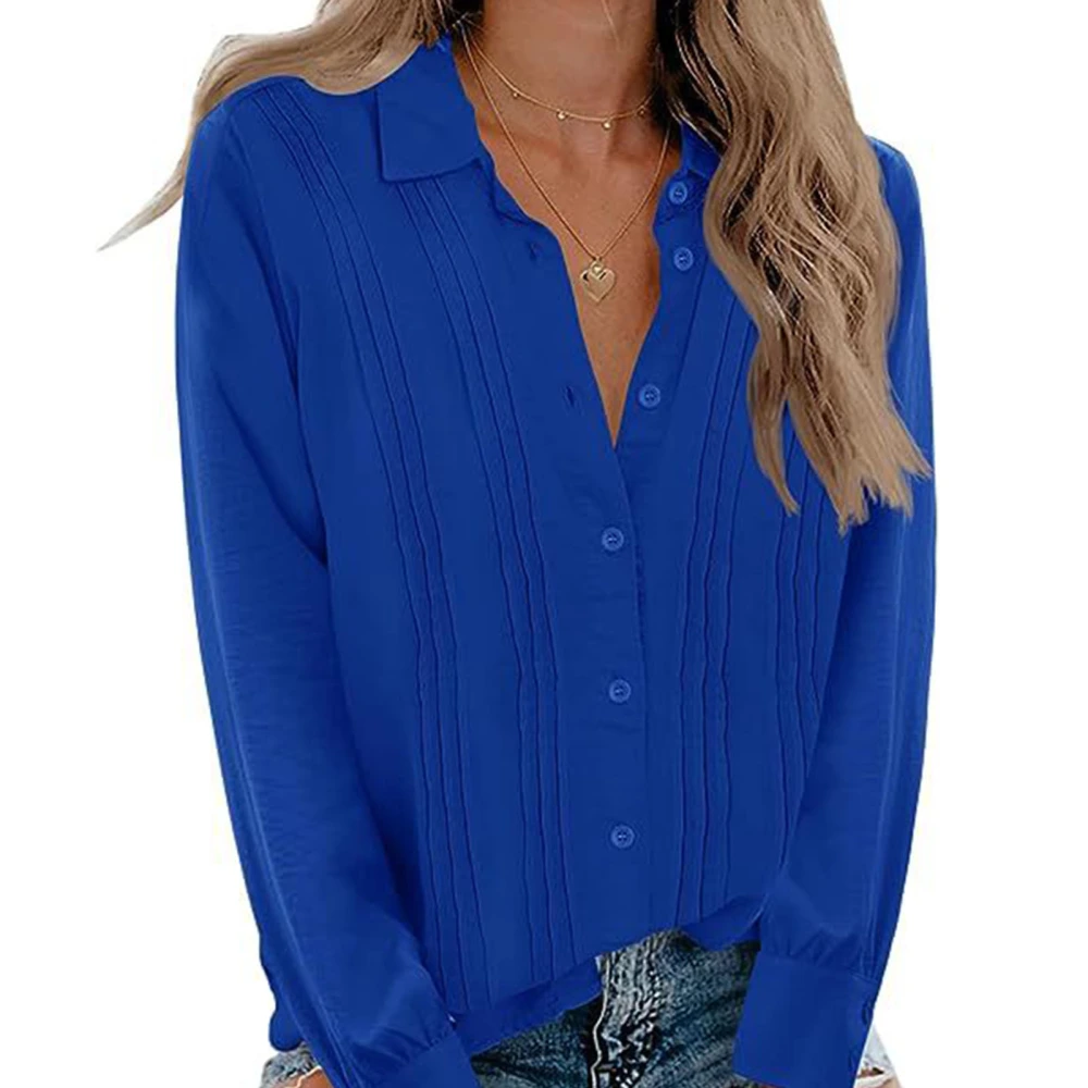 Women Pleated Long Sleeve Blouse Turn Down Collar Pleated Casual Top Soft Breathable Button Up Pure Color Stylish Blouse Blue M