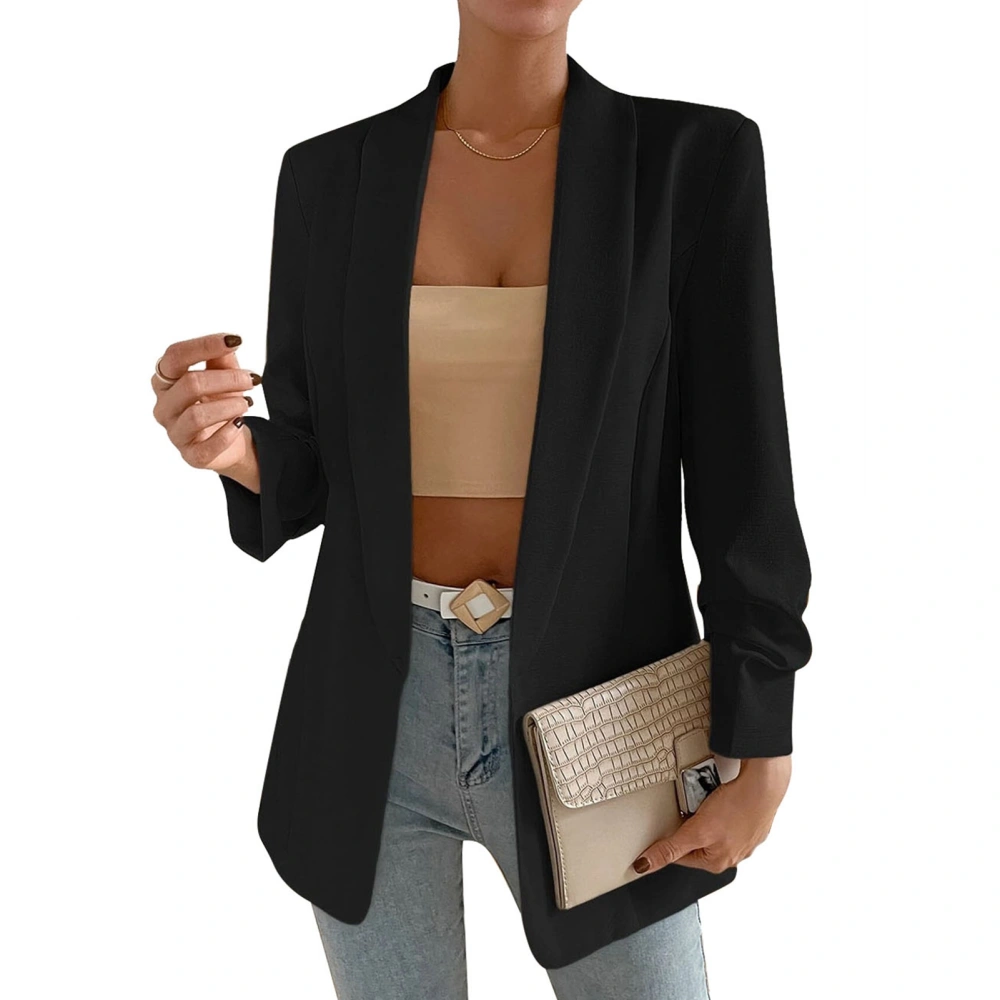 Women Suit Unbuttoned Jacket Plain Color Turn Down Collar Slim Fitted Women Long Sleeve Suit Jacket Black L