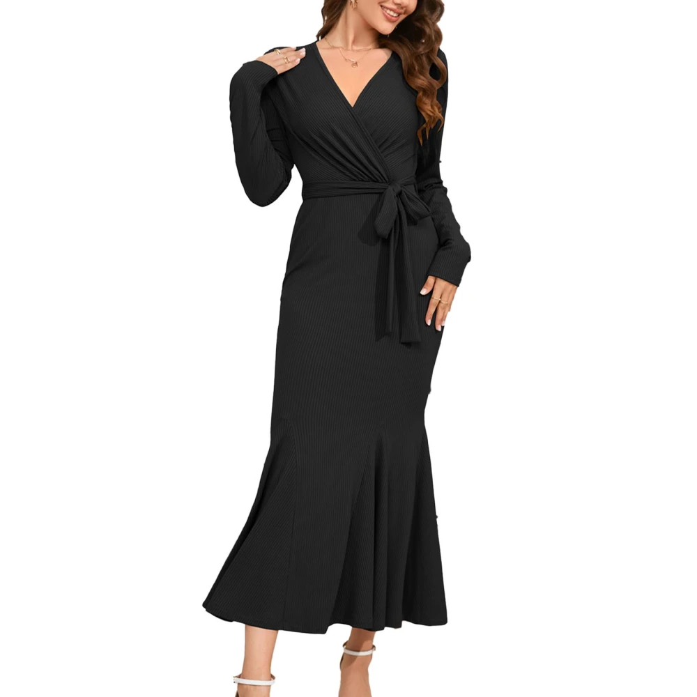 Women Waist Slimming Fishtail Dress Slim Tie Waist Pure Color Casual Knit V Neck Long Sleeve Bodycon Fishtail Long Dress Black L