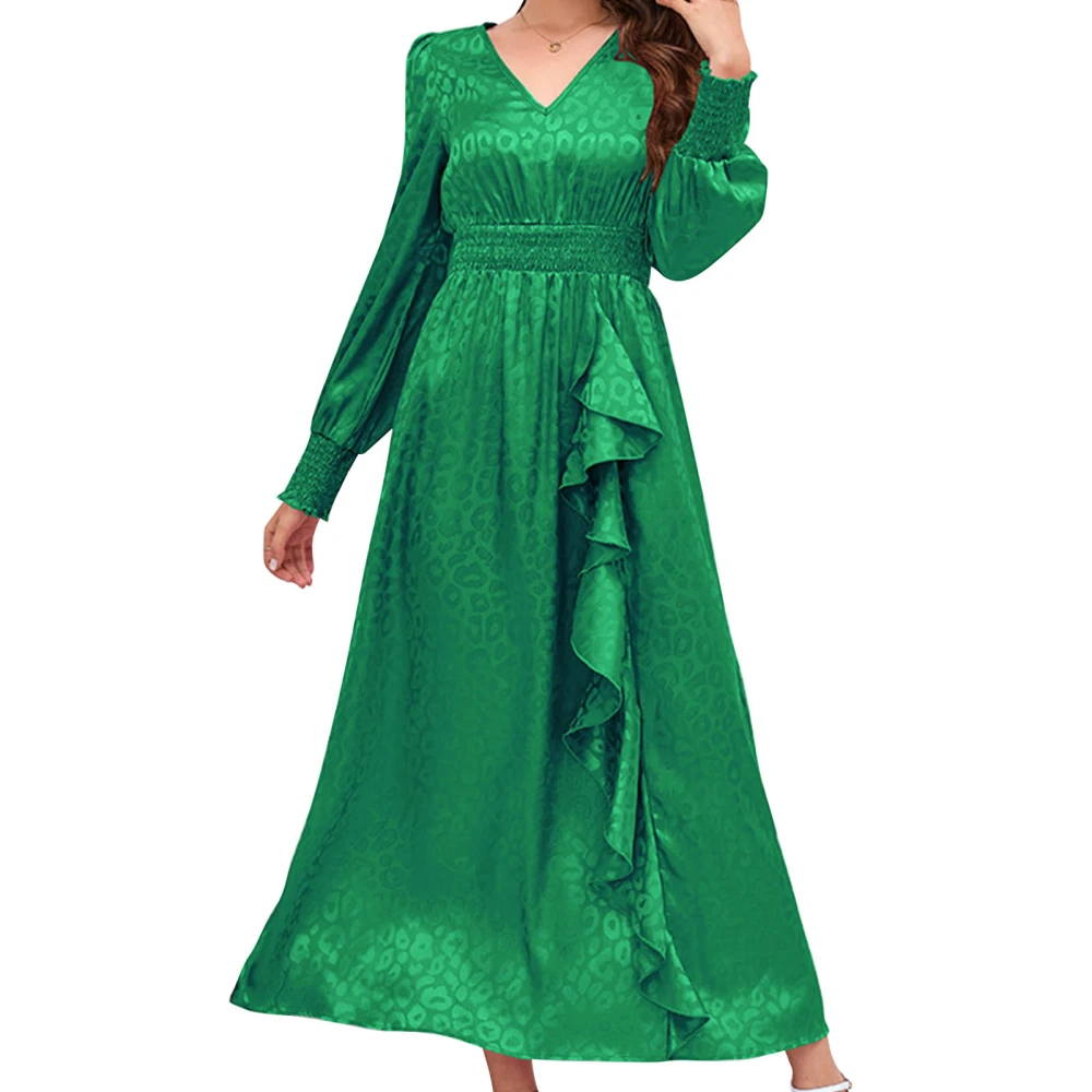 Women Maxi Dress V Neck Long Sleeve Ruffled Fashionable Backless Casual Dress for Party Vacation Green M