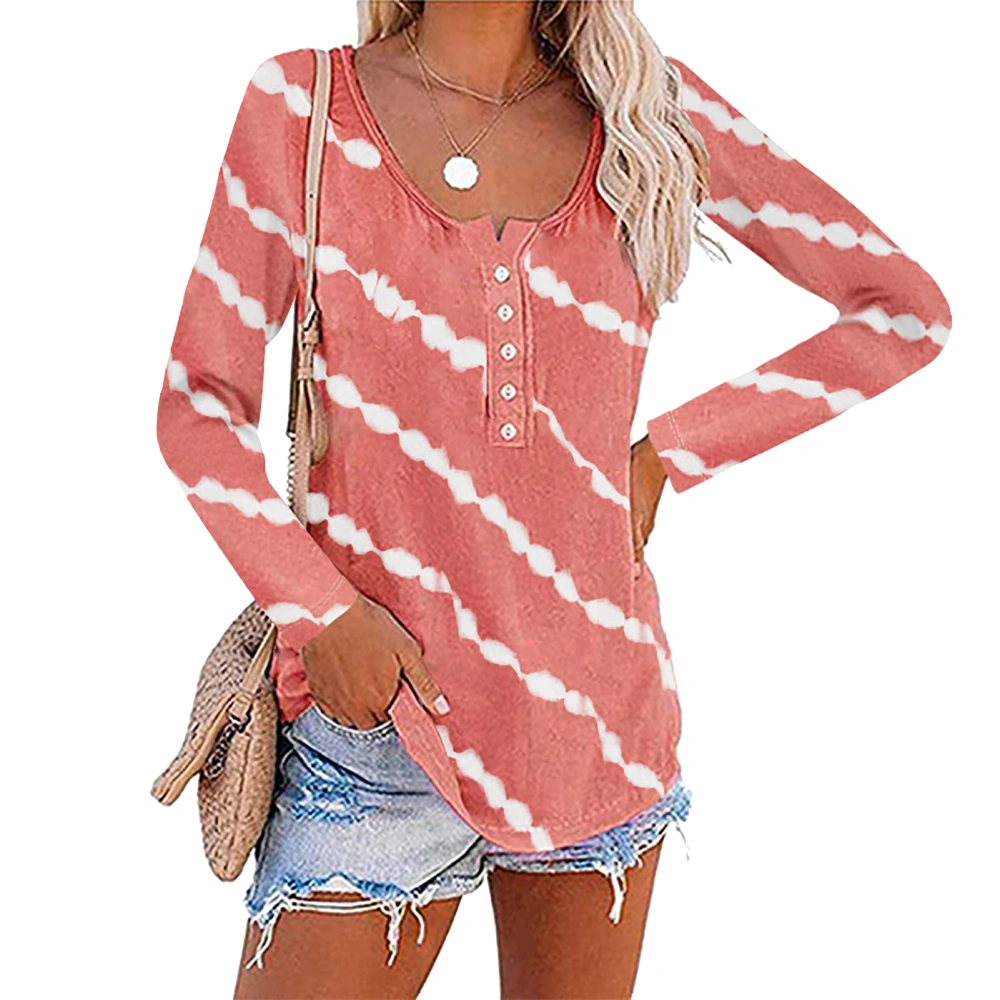 Women Irregular Striped Blouse Color Block Striped Blouse Round Neck Button Long Sleeve Soft Breathable Top Pink S