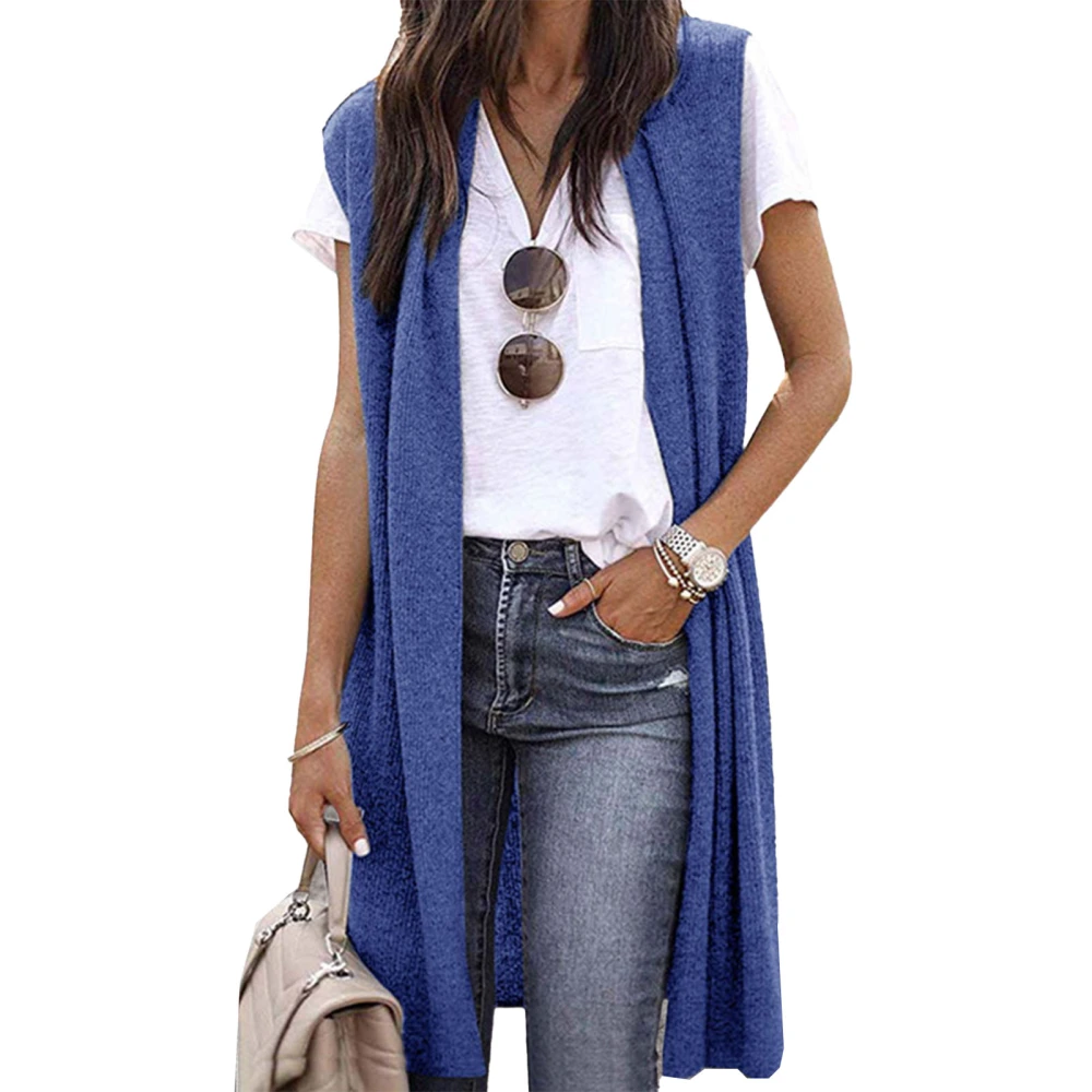 Women Sleeveless Jacket Medium Length Pure Color Open Front Waistcoat for Spring Autumn Blue L