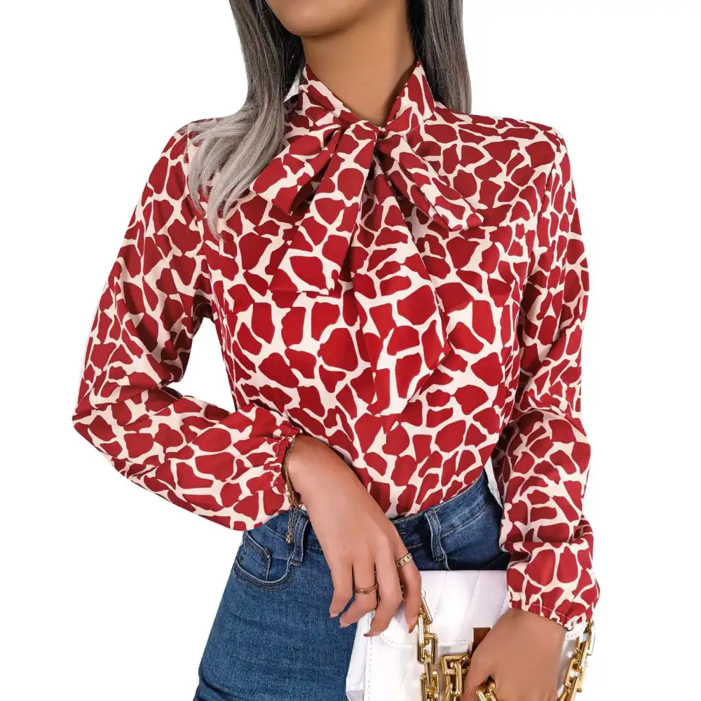 Women Bow Neck Tops Temperament Fashion Long Sleeve Contrast Color Tops Blouse for Work Red L