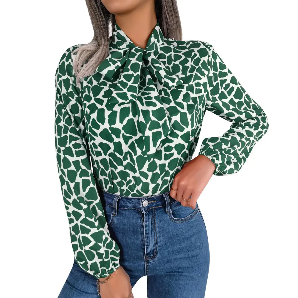 Women Bow Neck Tops Temperament Fashion Long Sleeve Contrast Color Tops Blouse for Work Green S