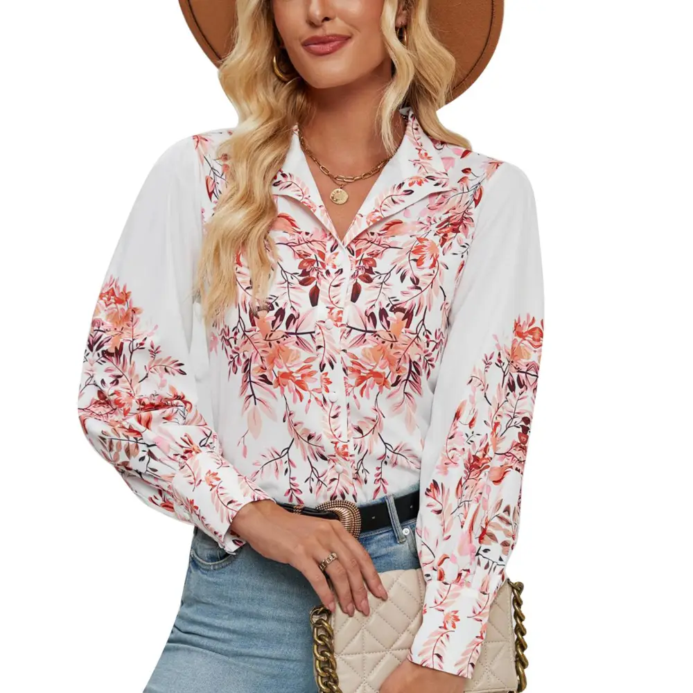 Women Fashion Print Blouse Leaves Printed Shirt Turn Down Collar Button Up Long Sleeve Stylish Blouse White L