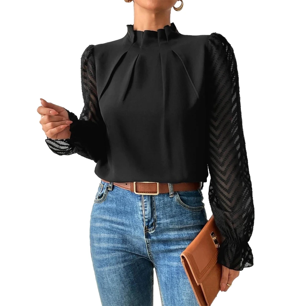 Women Half High Neck Blouse Striped Pleated Plain Color Elegant Casual Pullover Shirt Black S