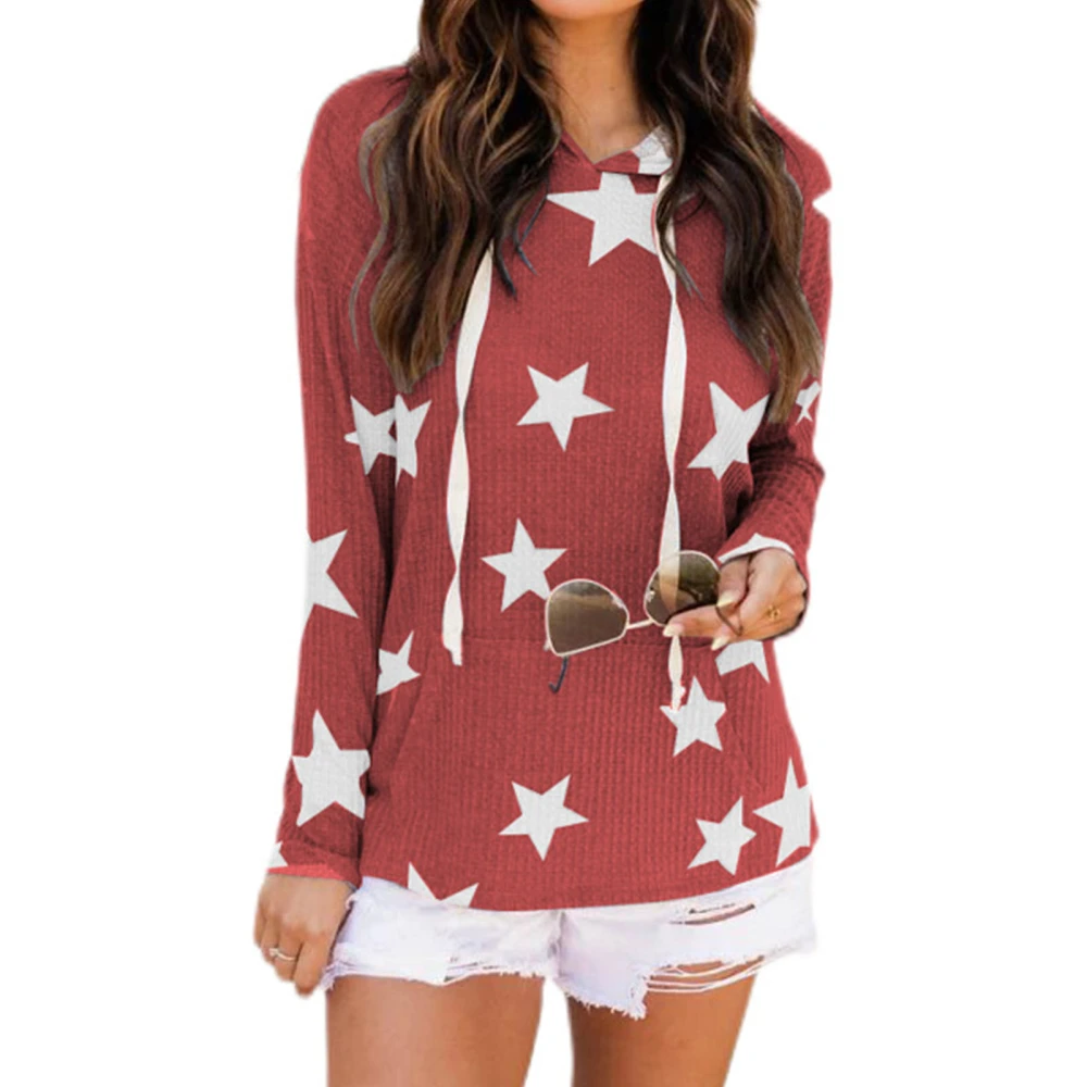 Women Star Print Hooded Sweatshirt Drawstring Long Sleeve Loose Fit Pullover Hoodie Wine Red L