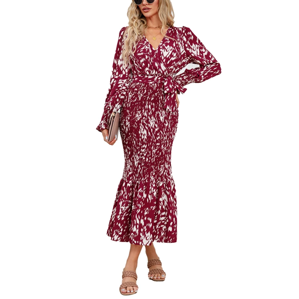 Women Shirred Long Dress V Neck Hip Wrap Long Puff Sleeves Belted Printing Dress for Daily Wear Red XL