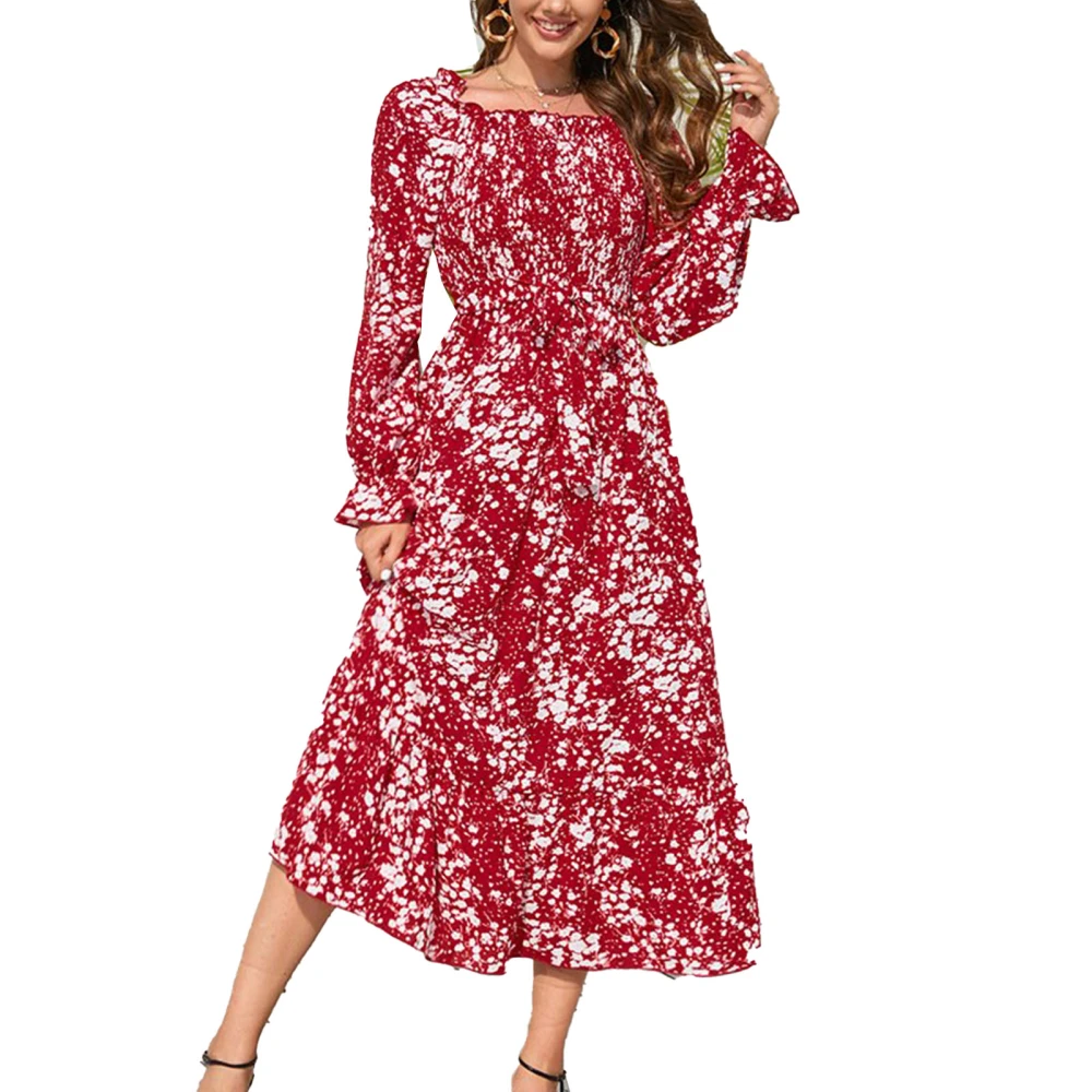 Women Long Sleeve Maxi Dress Ruffle Hem Tie Waist Frill Trim Floral Printed Shirred Flowy Midi Dress Red S