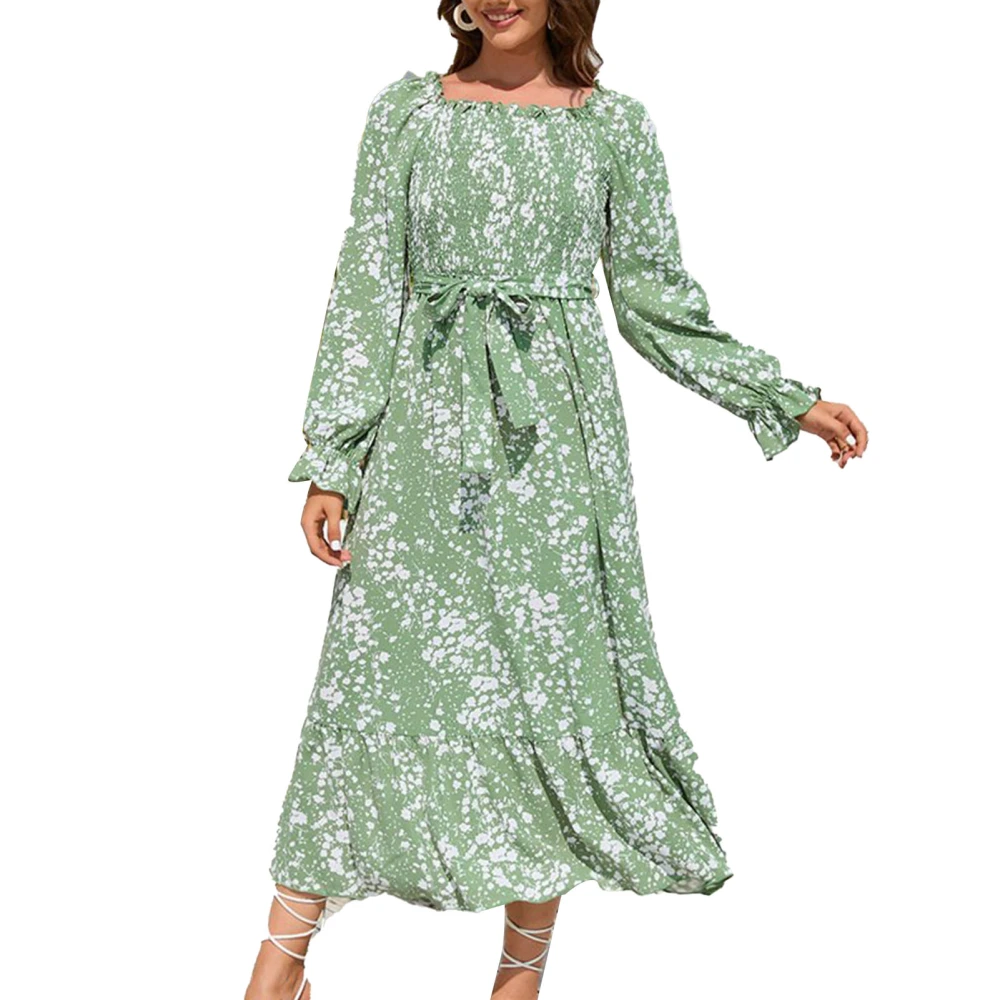 Women Long Sleeve Maxi Dress Ruffle Hem Tie Waist Frill Trim Floral Printed Shirred Flowy Midi Dress Green S