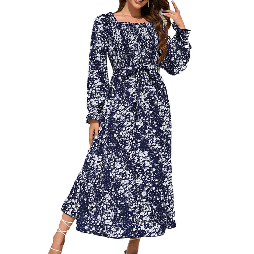 Women Long Sleeve Maxi Dress Ruffle Hem Tie Waist Frill Trim Floral Printed Shirred Flowy Midi Dress Royalblue XL