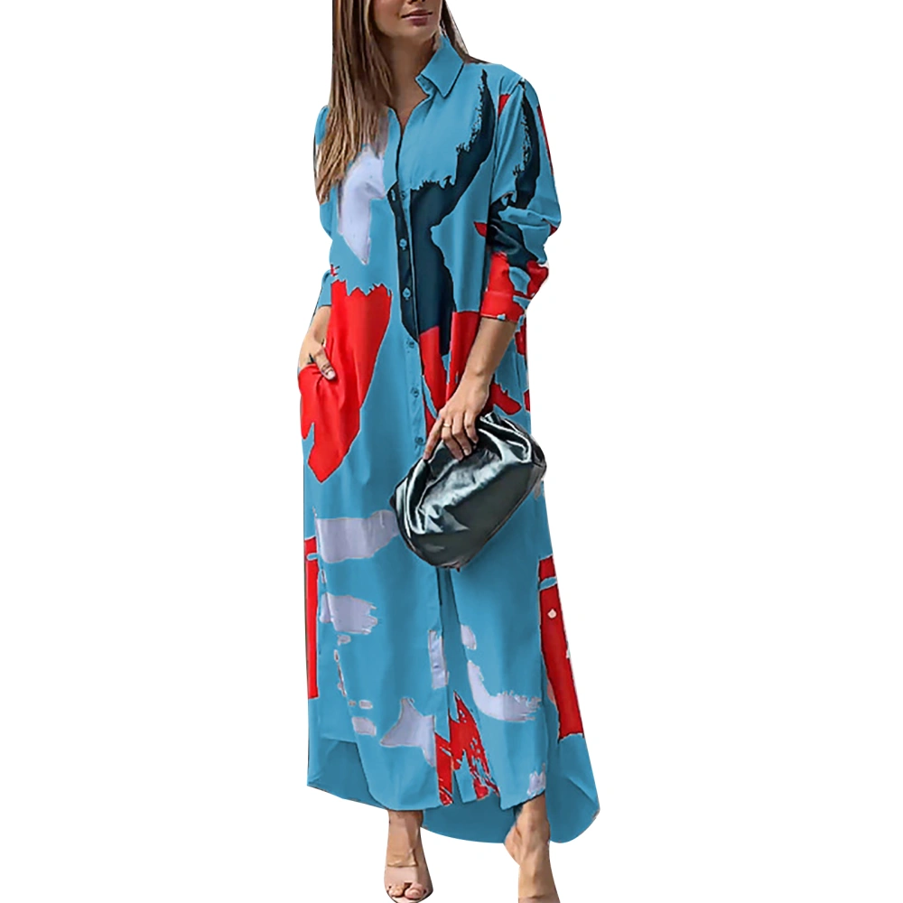 Women Shirt Dress Single Turn Down Collar Breasted Long Sleeves Loose Fitting Casual Long Dress Sky Blue with Red M