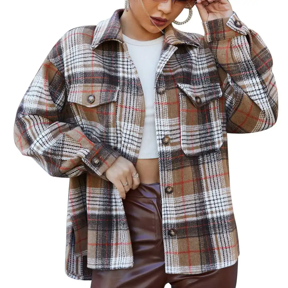 Women Short Plaid Coat Vintage Button Up Turn Down Collar Long Sleeve Loose Fitted Short Plaid Coat for Daily Life Brown M