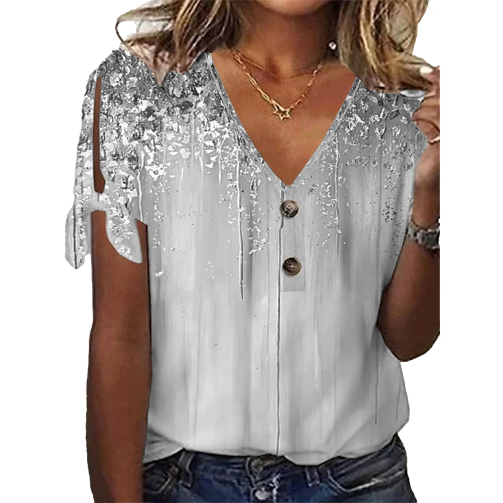 V Neckline Lace Up Blouse Short Sleeve Casual Fitted Button Front Lace Up Blouse for Women Grey L