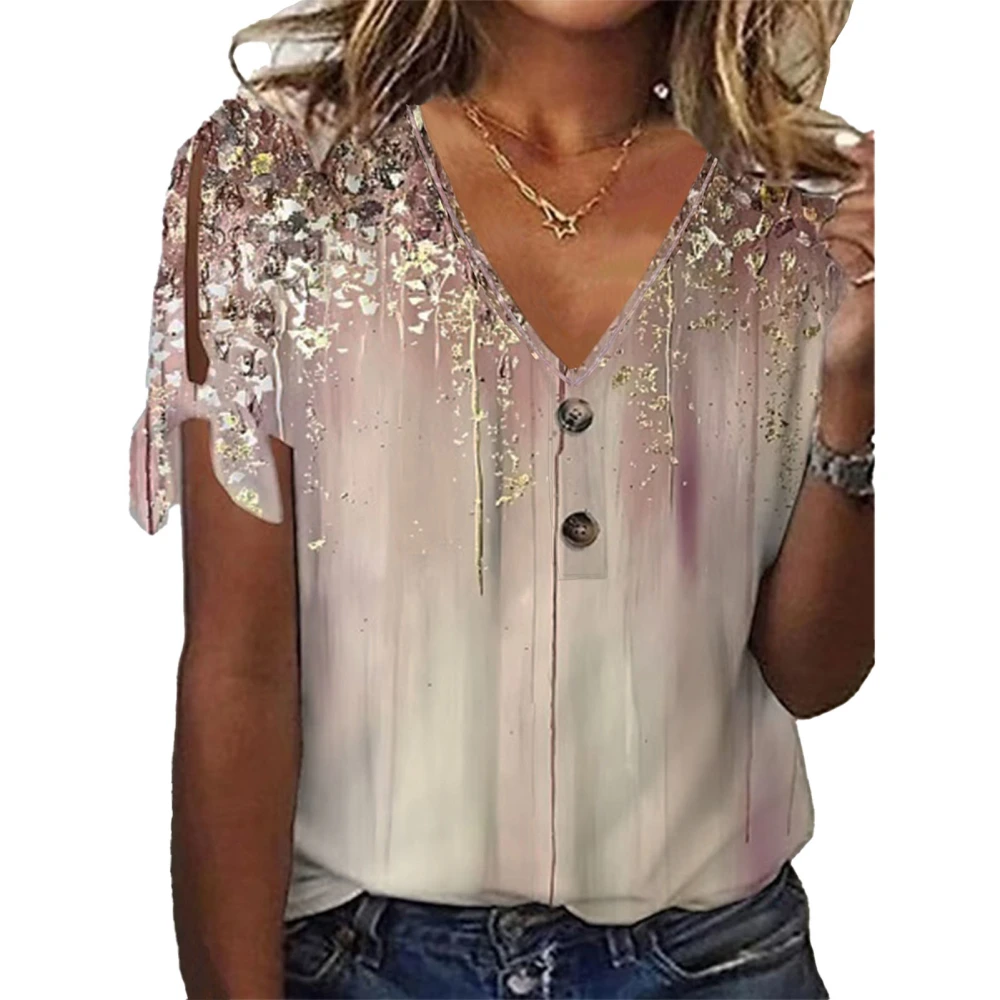 V Neckline Lace Up Blouse Short Sleeve Casual Fitted Button Front Lace Up Blouse for Women Pink XXL