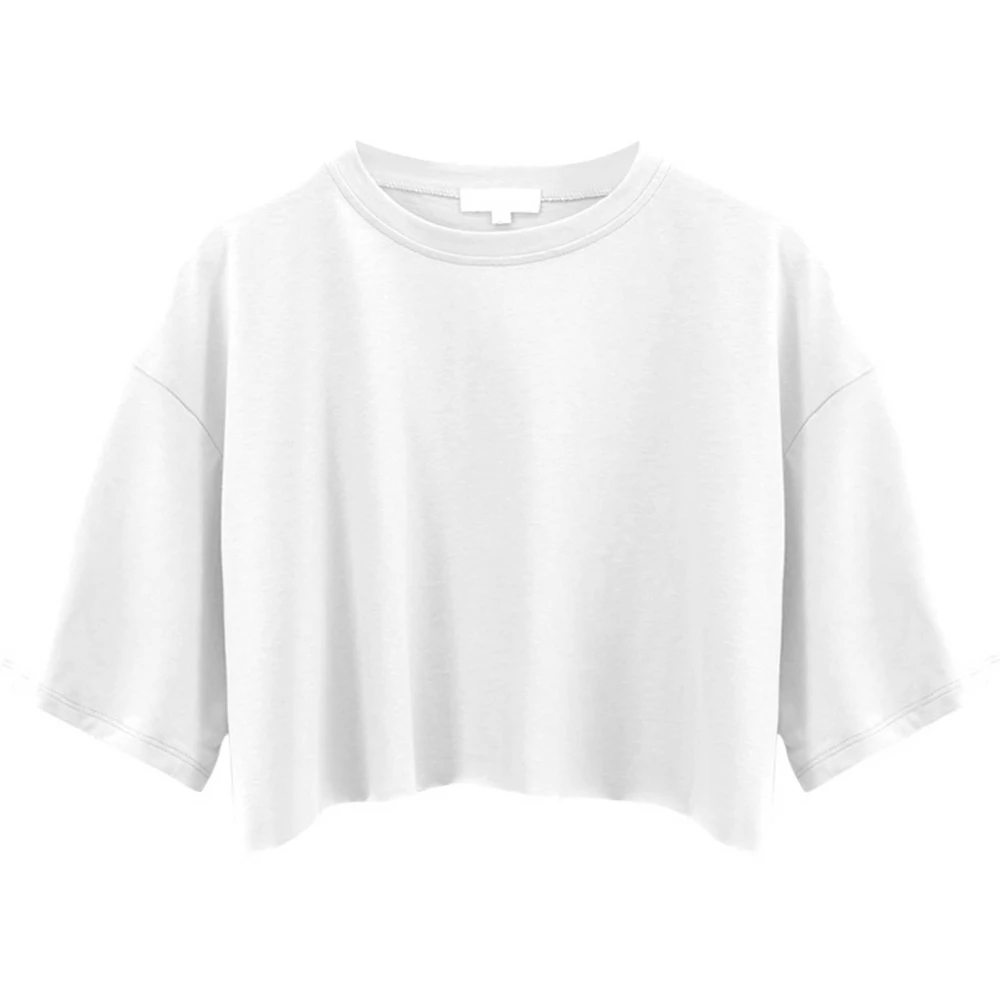 Women Round Neck Short T Shirt Pure Color Casual Sports Short Sleeve Blouses for Summer White L