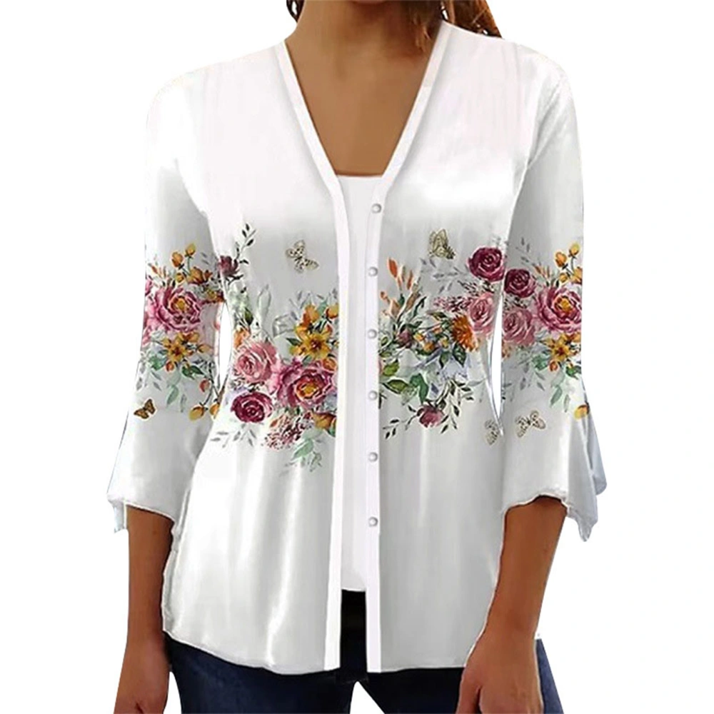 Women V Neck Tunic Top Floral Print Button Front Long Sleeve Casual Fall Pullover Top White XL