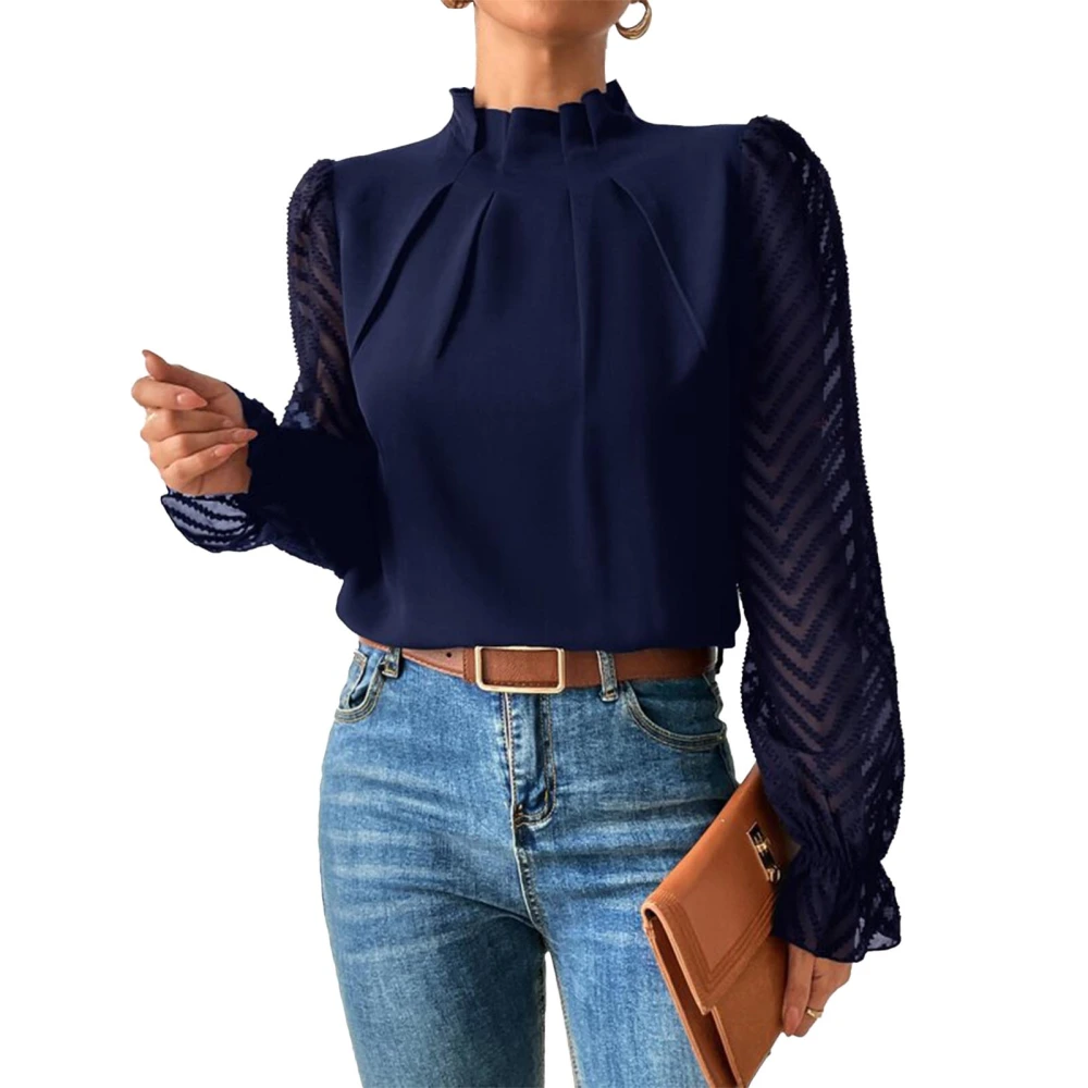 Women Half High Neck Blouse Striped Pleated Plain Color Elegant Casual Pullover Shirt Navy Blue XXL