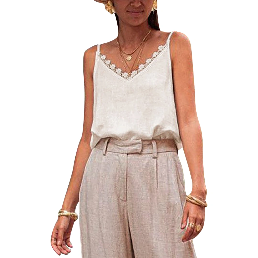 Women V Neck Camisole Lace Splicing Spaghetti Strap Plain Color Casual Summer Tank Top Beige S