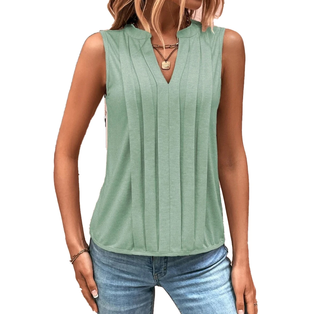 Pleated Sleeveless Blouse Plain Color Elegant V Neckline Pleated Sleeveless Blouse for Women Light Green S